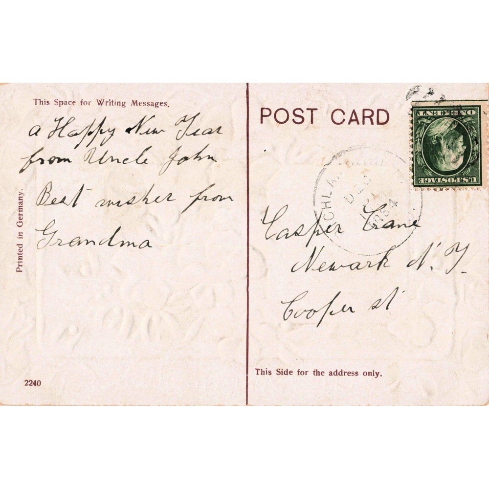Antique 1914 New Year Greeting Postcard Embossed Pansies Winter Scene Germany - Picture 2 of 2